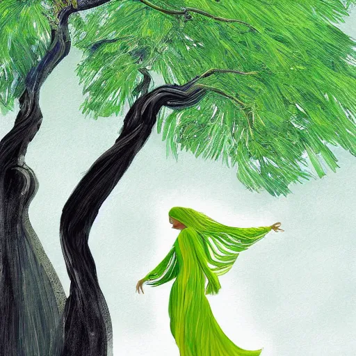 Prompt: illustration of a woman dancing near an old strong tall green persian cypress tree in wind, digital painting, artist farshchian