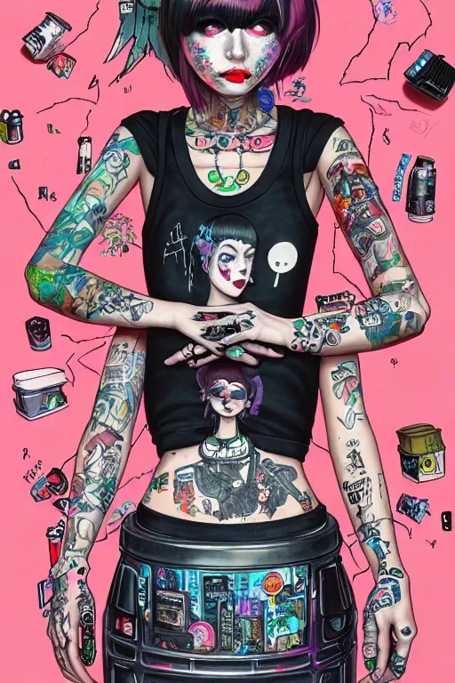 Image similar to full view, from a distance, of anthropomorphic trashcan full of trash, who is cyberpunk girl with tattoos, style of yoshii chie and hikari shimoda and martine johanna, highly detailed