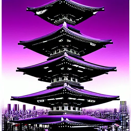 Image similar to Futuristic Pagoda Shrine in Tokyo megapolis in style of Tsutomu Nihei in purple and black tones. ArtStation, Cyberpunk, vertical symmetry, 8K, Highly Detailed, Intricate, Album Art.