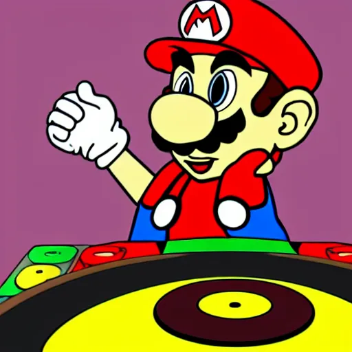 Image similar to svg sticker of a Pop-Wonder SuperMario, Mario-Wearing-a-red-hat, at a rave, spinning records, giant headphones rocking out, wearing headphones, huge speakers, dancing, rave, DJ, spinning records, digital art, amazing composition, rule-of-thirds, award-winning, trending on artstation, featured on deviantart