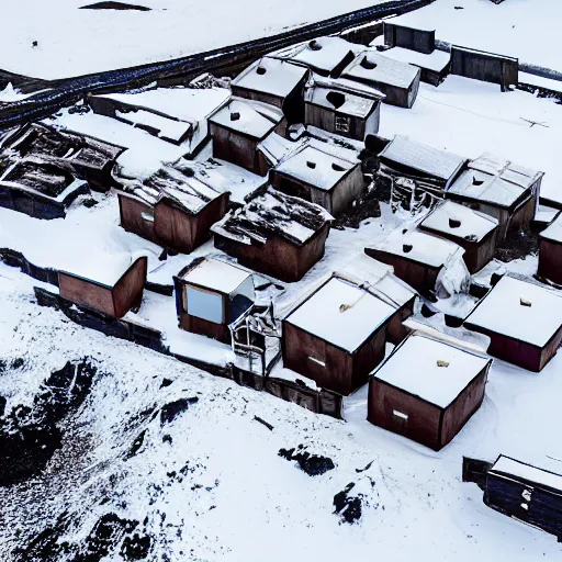 Image similar to abandoned mine and crates full of supplies buried in snow::2 snowy region on coast of Iceland, aerial drone perspective, top down view ::1 sattelite image of snow from 250 meters height, some coal boxes and barrels are covered in snow, old mine remains :: 1 post apocalyptic, snowstorm ::5