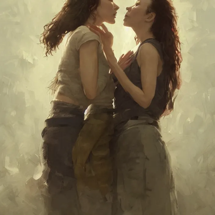 Image similar to jodie comer and sandra oh kiss by greg rutkowski