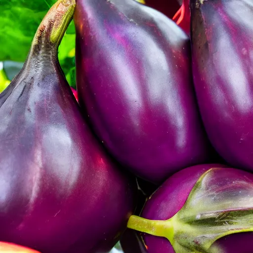 Prompt: an eggplant fruit still on the vine, a bizarre detailed red and purple glowing eggplant