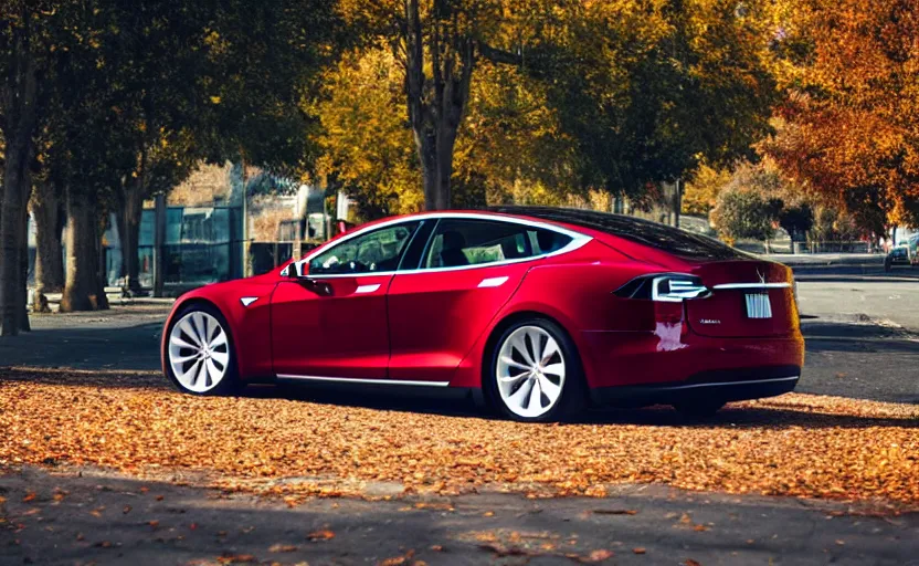 Prompt: new tesla model s on an autumn street by unsplash