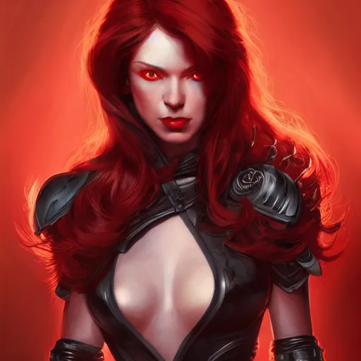 Prompt: head and shoulders, red hair, red eyes, woman, dark leather armor by june jenssen, anna podedworna, and leyendecker, artstation