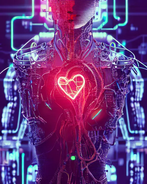 Prompt: a human heart cyberpunk style, revealing wires and electronics, hooked - up, sci - fi, missing panels, intricate abstract upper body intricate artwork, concept art, octane render, deviantart, cinematic, key art, hyperrealism, iridescent accents, portrait photograph, nikon 3 5 mm, photograph by greg rutkowski
