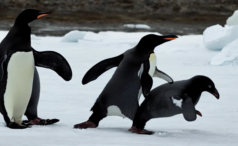 Prompt: A penguin, riding a polar bear, in an epic medieval battle