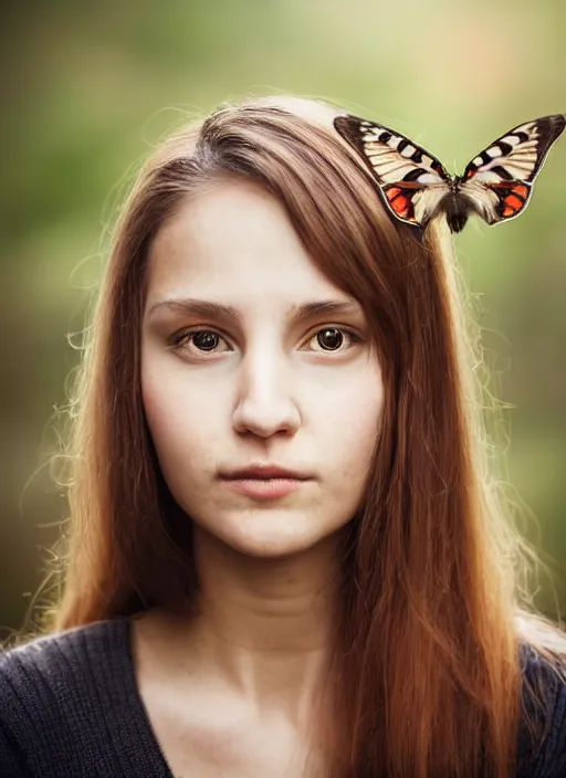 Prompt: portrait of a 2 3 year old woman, symmetrical face, birds and butterflies in her hear, she has the beautiful calm face of her mother, slightly smiling, ambient light
