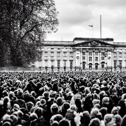 Image similar to a picture of buckingham palace very very accurate with a gigantic crowd of protestors on the street, the sky is blue and everyone is holding russian signs wide shot hyperrealistic photography 7 0 mm