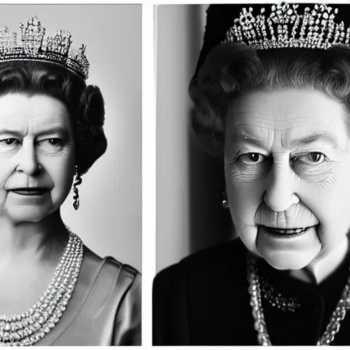 Image similar to A portrait photo of queen elizabeth teams up with a teenage queen elizabeth, perfect faces, 50 mm, award winning photography