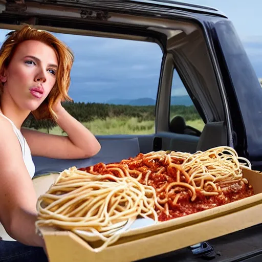 Image similar to fat scarlett johansson sitting in truck bed eating spaghetti