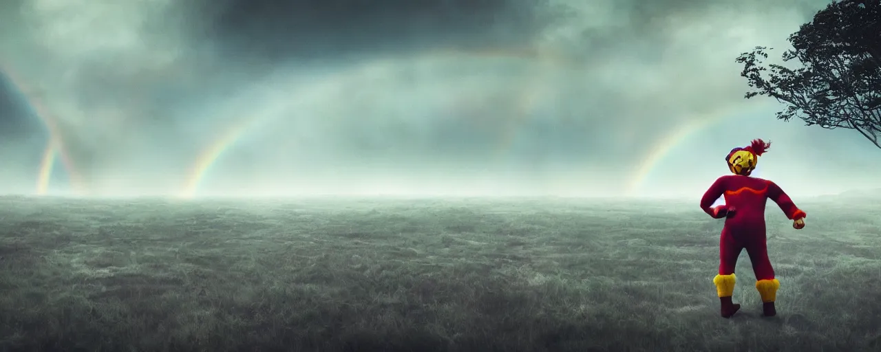 Image similar to ” clown world landscape, [ by wlop, cinematic, detailed, clown, widescreen, opening, establishing, mattepainting, photorealistic, rainbow textures, octane render ] ”