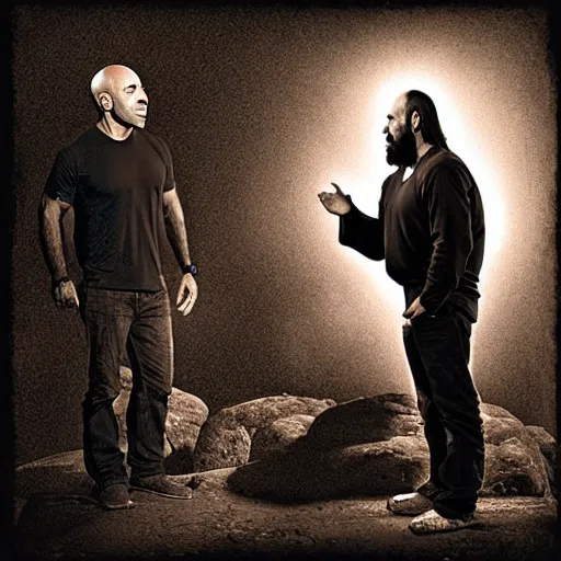 Prompt: joe rogan talking to jesus christ, detailed photography