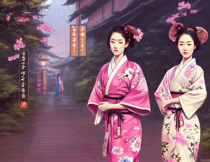 Image similar to two beautiful fashion taiwan girl wear elegant yukata in festival | | big eyes, summer night, realistic shaded, smile, good looking, fine details, 4 k realistic, cryengine, realistic shaded lighting poster by greg rutkowski, magali villeneuve, artgerm, jeremy lipkin and michael garmash and rob rey