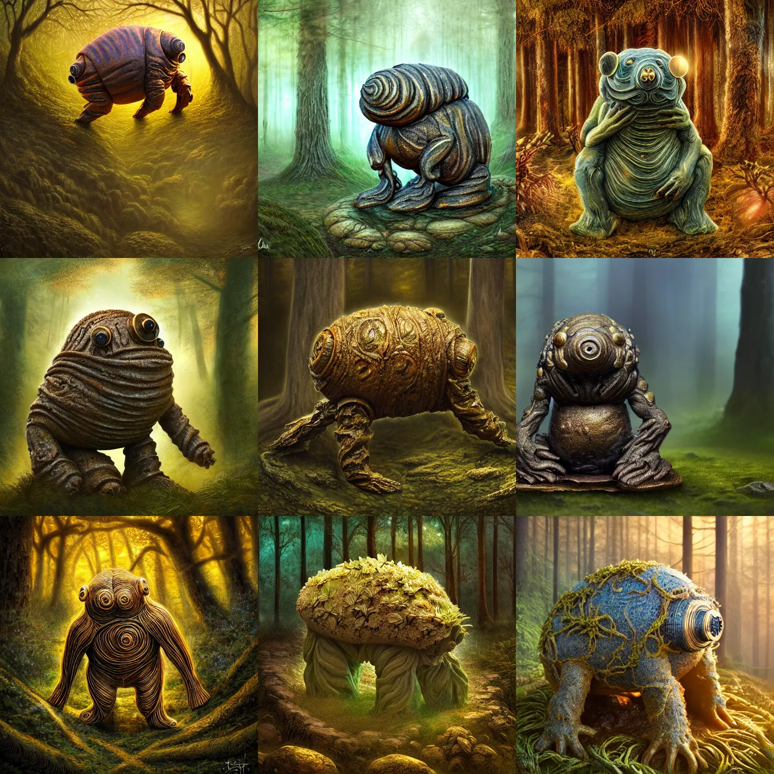 Prompt: tardigrade statue in the forest, aged, ethereal, highly detailed, overgrowth, fantasy, intricate, elegant, golden hour, digital painting, masterpiece, 8 k