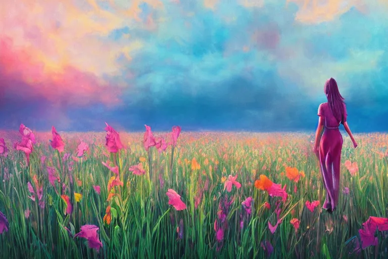 Image similar to closeup, giant gladiola flower head, girl in suit walking in field of flowers, surreal photography, sunrise, blue sky, dramatic light, impressionist painting, digital painting, artstation, simon stalenhag