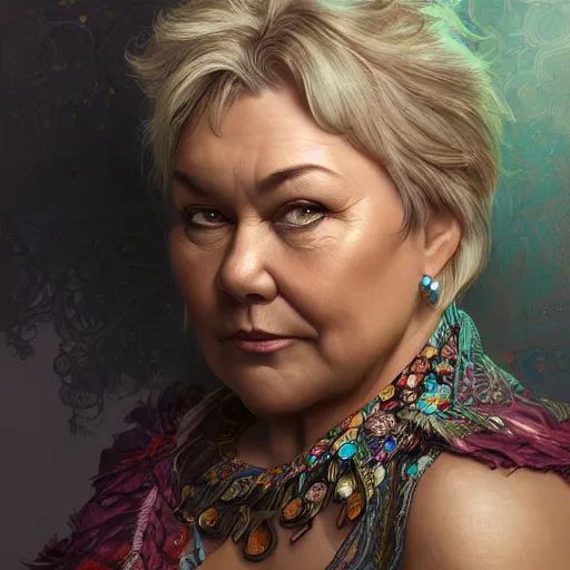 Prompt: roseanne barr, intricate, highly detailed, digital painting, trending on artstation, concept art, smooth, sharp focus, illustration, unreal engine 5, 8 k, art by artgerm and greg rutkowski and alphonse mucha