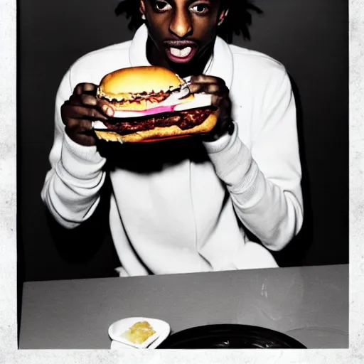 Image similar to a realistic photo of playboi carti eating a burger, film grain, vintage photo, high contrast