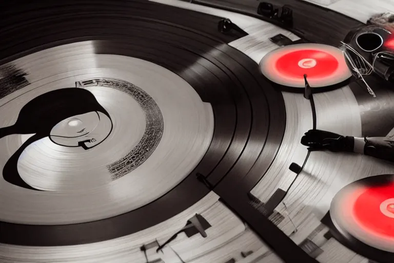 Image similar to an expressive portrait of agent 4 7 from hitman wearing headphones and putting a vinyl record onto a turntable, dark background, red rim light, digita, l