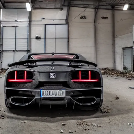 Image similar to an abandoned, derelict, rusty bugatti chiron in a dirty warehouse