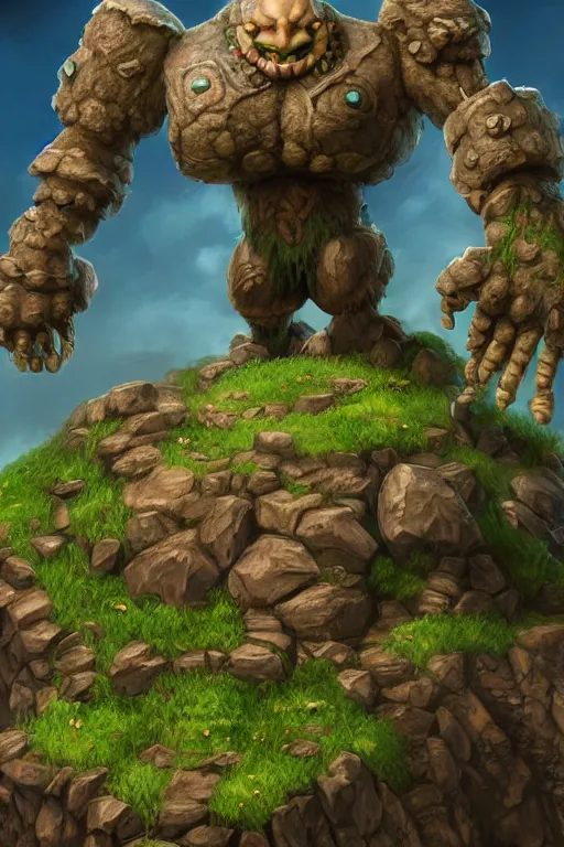 Image similar to zelda fantasy art giant golem troll wood rock greeble gemstone, global illumination ray tracing hdr fanart arstation by sung choi and eric pfeiffer and gabriel garza and casper konefal