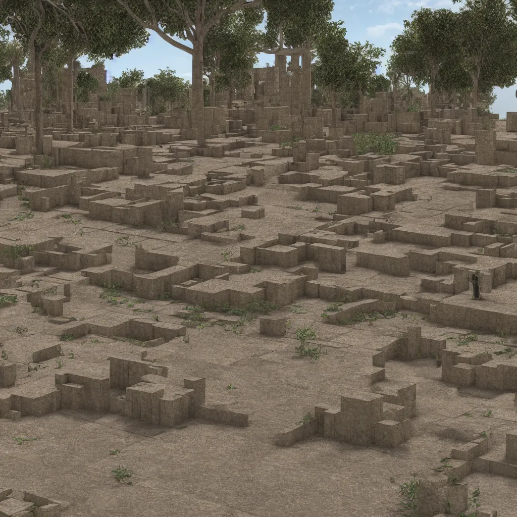 Image similar to babylonian gardens with a quantum computer in the middle of it, interacting with time crystals, backlit photorealistic render, cycles render