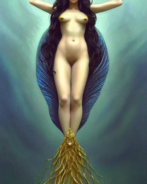 Image similar to a beautiful dark androgynous mermaid, pinup pose, long hair, tall and thin, wearing dozens of pendants and a gown of gold, small delicate crown of the sea on her head, illustration, symmetry accurate features, volumetric light clouds, ultra realist soft painting, (art nouveau), octane render, 8k, HD, by Tom Bagshaw, Brom, Charlie Bowater, faces by otto schmidt