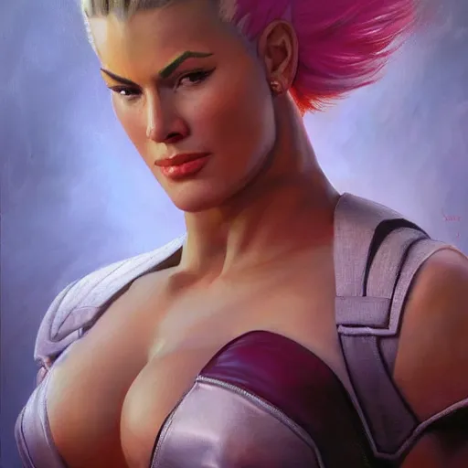 Image similar to detailed portrait of zarya from overwatch, intricate, hyper detailed, realistic, oil painting, by julie bell, frank frazetta, cinematic lighting