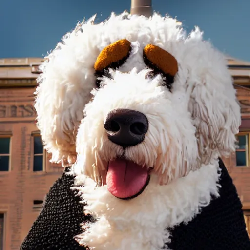 Image similar to a closeup photorealistic photograph of a cute smiling knitted bernedoodle judge dog dressed in a black gown, presiding over the courthouse. indoors, professional capture, well lit shot. this 4 k hd image is trending on artstation, featured on behance, well - rendered, extra crisp, features intricate detail, epic composition and the style of unreal engine.