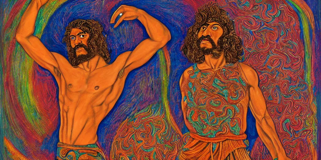 Image similar to an abstract spiritual background, portrait of a virile latino greek god dancing. 2 4 mm, photorealistic, muted color scheme, directed by mati klarwein