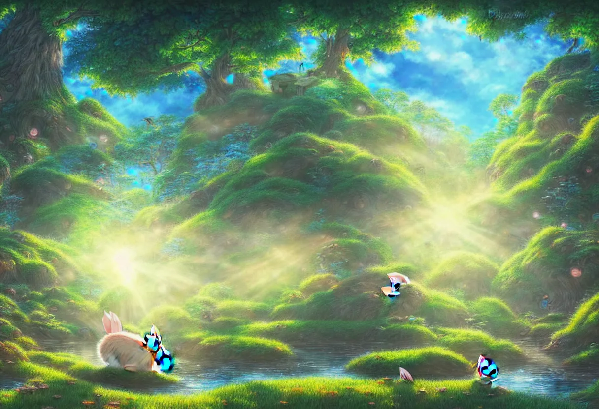 Image similar to a beautiful ultradetailed painting of dream forest, small rabbit, river, sunny, close shot, studio ghibli sunlight, archdaily, wallpaper, highly detailed, trending on artstation