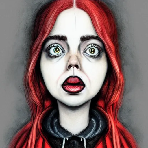 Prompt: surrealism grunge cartoon portrait sketch of billie eilish the raven with a wide smile and a red balloon by - michael karcz, loony toons style, cindy lou who style, horror theme, detailed, elegant, intricate