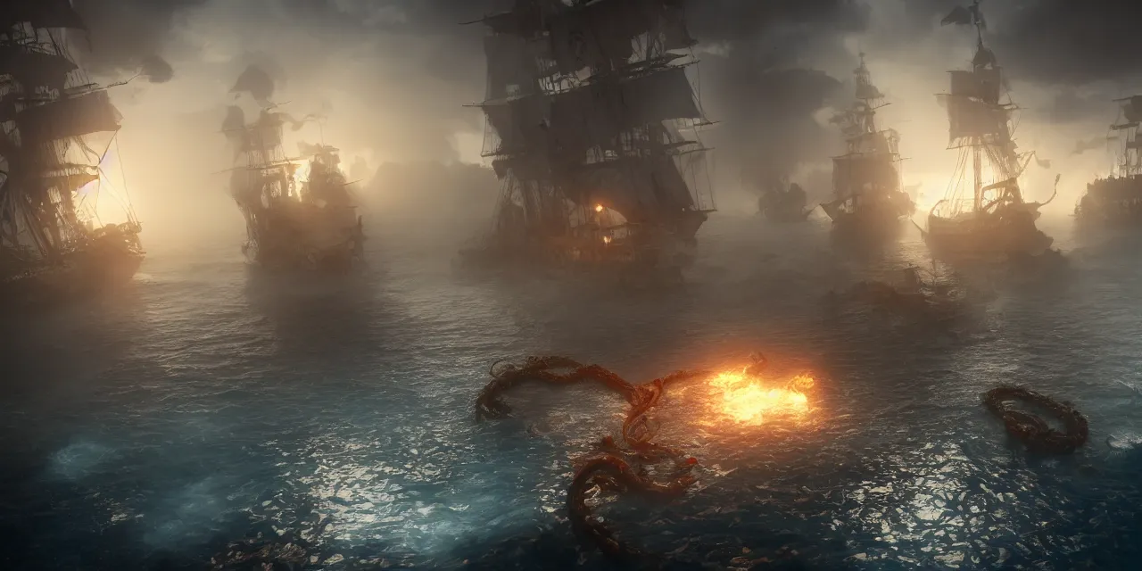 Prompt: pirates vs the kraken tentacles coming out of the water, cinematic, foggy, volumetric lighting, fire, unreal engine, trending on artstation