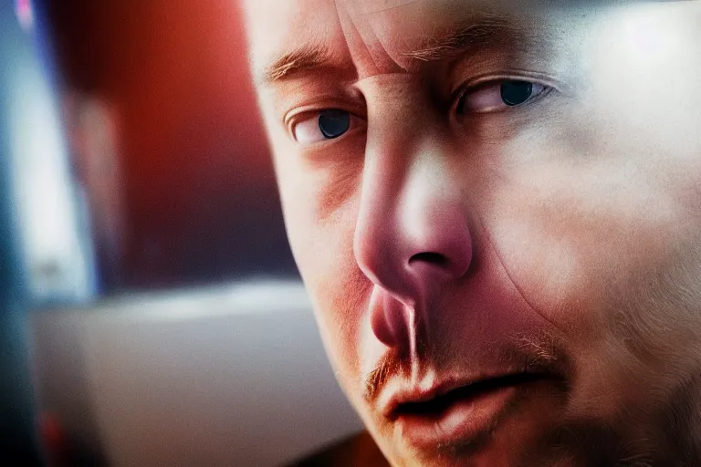 Image similar to hyperrealism aesthetic ridley scott and denis villeneuve style close - up photography of a detailed hyperrealism elon musk, siting on a detailed hyperrealism toilet and scrolling his detailed smartphone in hyperrealism scene from detailed art house movie in style of alejandro jodorowsky and wes anderson