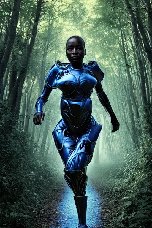 Prompt: hyperrealistic very beautiful! black woman running, detailed exoskeleton armor, in a forest sun behind, digital art brad kunkle elson peter, dramatic blue light low angle hd 8k sharp focus