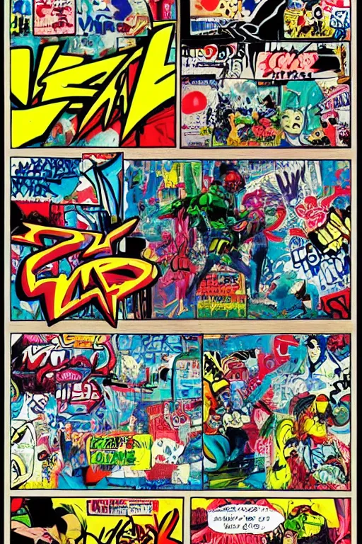 Prompt: A comic book page of abstract graffiti