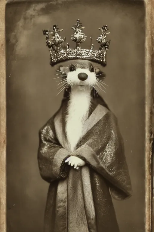 Image similar to a wet plate photo of an anthropomorphic ferret king, wearing a crown, wearing a robe