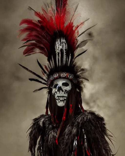 Image similar to the ghost - spirit of the grim - warpaint wears the scarlet skull armor and native blood headdress feathers, midnight fog - mist!, dark oil painting colors, realism, cinematic lighting, various refining methods, micro macro autofocus, ultra definition, award winning photo