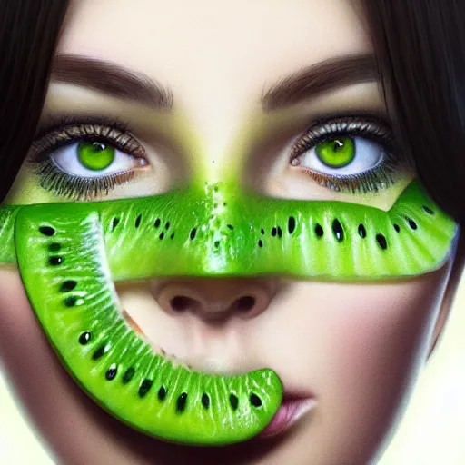 Prompt: close up of female model with green juicy kiwifruit slices covering her eyes. 4K award winning photorealistic. smooth, sharp focus, illustration by artgerm and greg rutkowski Artgerm 8k