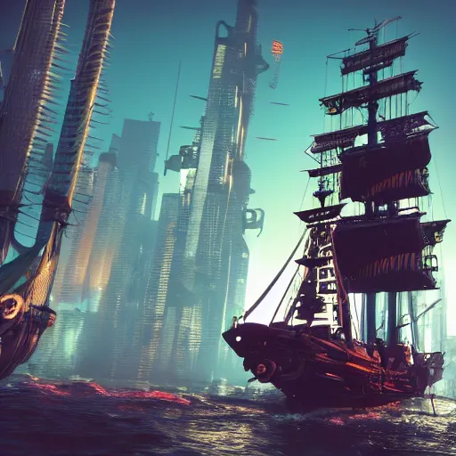 Image similar to high quality photo of a pirate ship in a cyberpunk cyberpunk cyberpunk city, realism, 8k, award winning photo