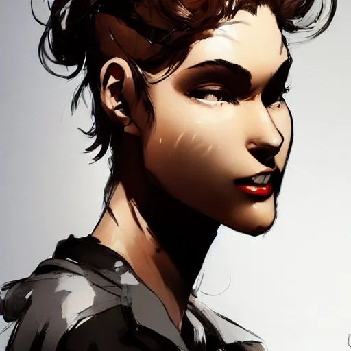 Prompt: a beautiful girl with short curly brown hair in a short ponytail, a pointy chin, happy, smiling , dramatic lighting, illustration by Rossdraws, yoji shinkawa, 4k, digital art, concept art, trending on artstation