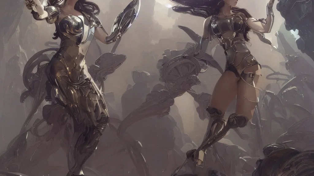 Prompt: modern elegant female cyborg greek goddess, space opera, feminine, powerful, beautiful, upper body, muscular, platinum crystal armour, highly detailed, digital painting, ghibli animated film, volumetric lighting, octane render artstation, concept art, smooth, sharp focus, illustration, by gaston bussiere, mucha, gerome, craig mullins, greg rutkowski, john singer sargent