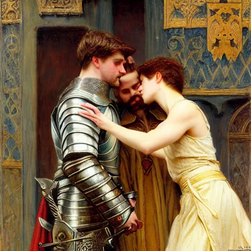 Image similar to attractive fully clothed arthur pendragon confesses his love for his attractive fully clothed male knight. highly detailed painting by gaston bussiere and j. c. leyendecker 8 k