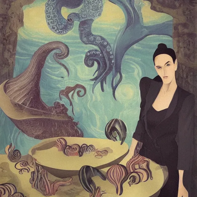 Image similar to tall female artist holding a nautilus in her flooded kitchen, pomegranates, octopus, water gushing from ceiling, painting of flood waters inside an artist's apartment, a river flooding indoors, candles, ikebana, zen, rapids, waterfall, black swans, canoe, berries, acrylic on canvas, surrealist, by magritte and monet