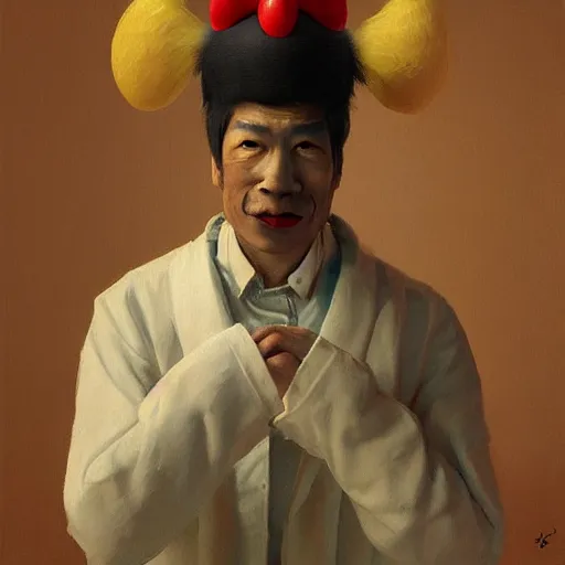 Prompt: scary portrait of an asian man dressed as a chicken, the chicken man, man dressed as a chicken, highly detailed painting by sergey kolesov, 8 k, man dressed as a chicken