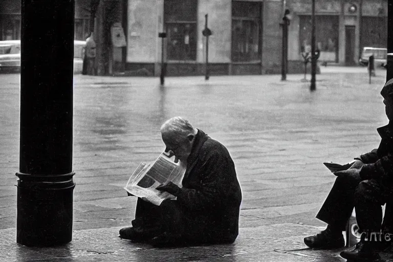 Image similar to a photojournalism photograph of an old man sat at the bus stop reading the newspaper, on a french parisian street in the morning on a rainy day, by henri cartier bresson, cinematic, beautiful lighting, leica