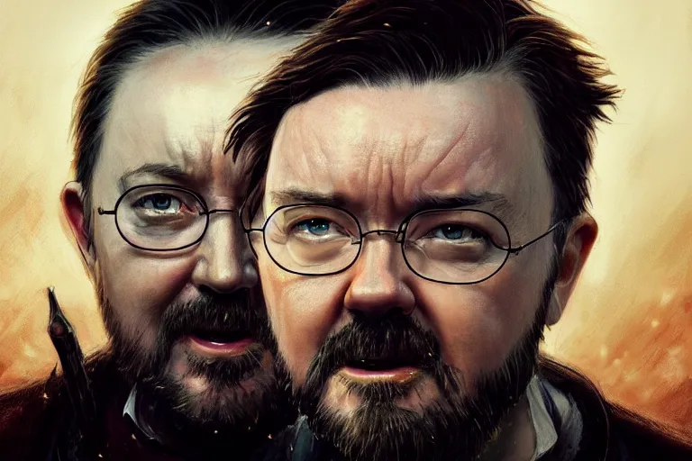 Prompt: closeup portrait of a ricky gervais as a wizard, harry potter, dramatic light, gorgeous view, depth, high detail, digital art, painted by greg rutkowski and seb mckinnon, by jk rowling, trending on artstation