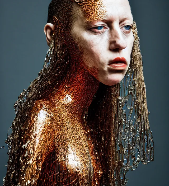 Image similar to realistic photoshooting for a new collection iris _ van _ herpen lookbook color film photography portrait of stunninng woman with half long hair wearing a dress, photo in style of tyler mitchell