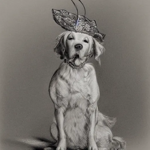 Prompt: golden retriever standing up, wearing a victorian dress, Pencil drawing, detailed, hyper-detailed, very realistic