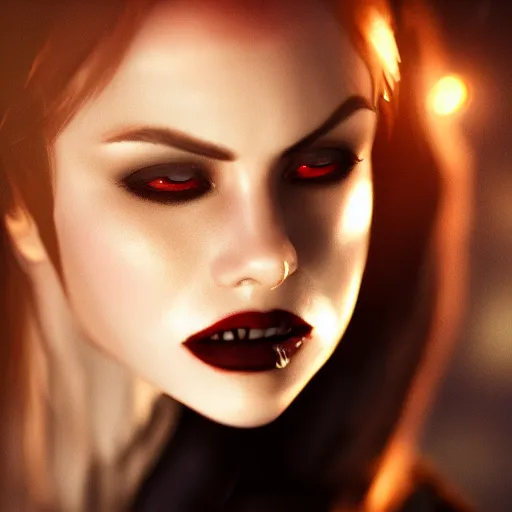 Image similar to hd photo of a lady vampire, high definition, detailed, atmospheric lighting, golden hour, ominous, 8K detail post-processing, artstation